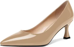 AMBELIGHT Womens Office Slip On Patent Solid Pointed Toe Casual Kitten Mid Heel Pumps Shoes 2.5 Inch