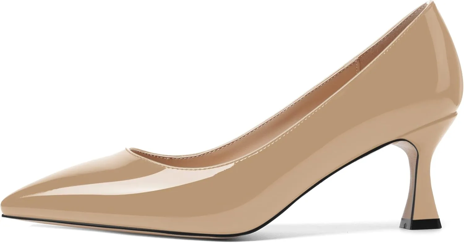 AMBELIGHT Womens Office Slip On Patent Solid Pointed Toe Casual Kitten Mid Heel Pumps Shoes 2.5 Inch