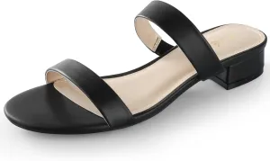 Ankis Women Black Heels Sandals-1 Inch Heels for Women Comfortable Black Chunky Heels Strappy Short Low Heels Dressy Two Strap Open Toe Heels Wedding Summer Flat Heels Sandals Shoe