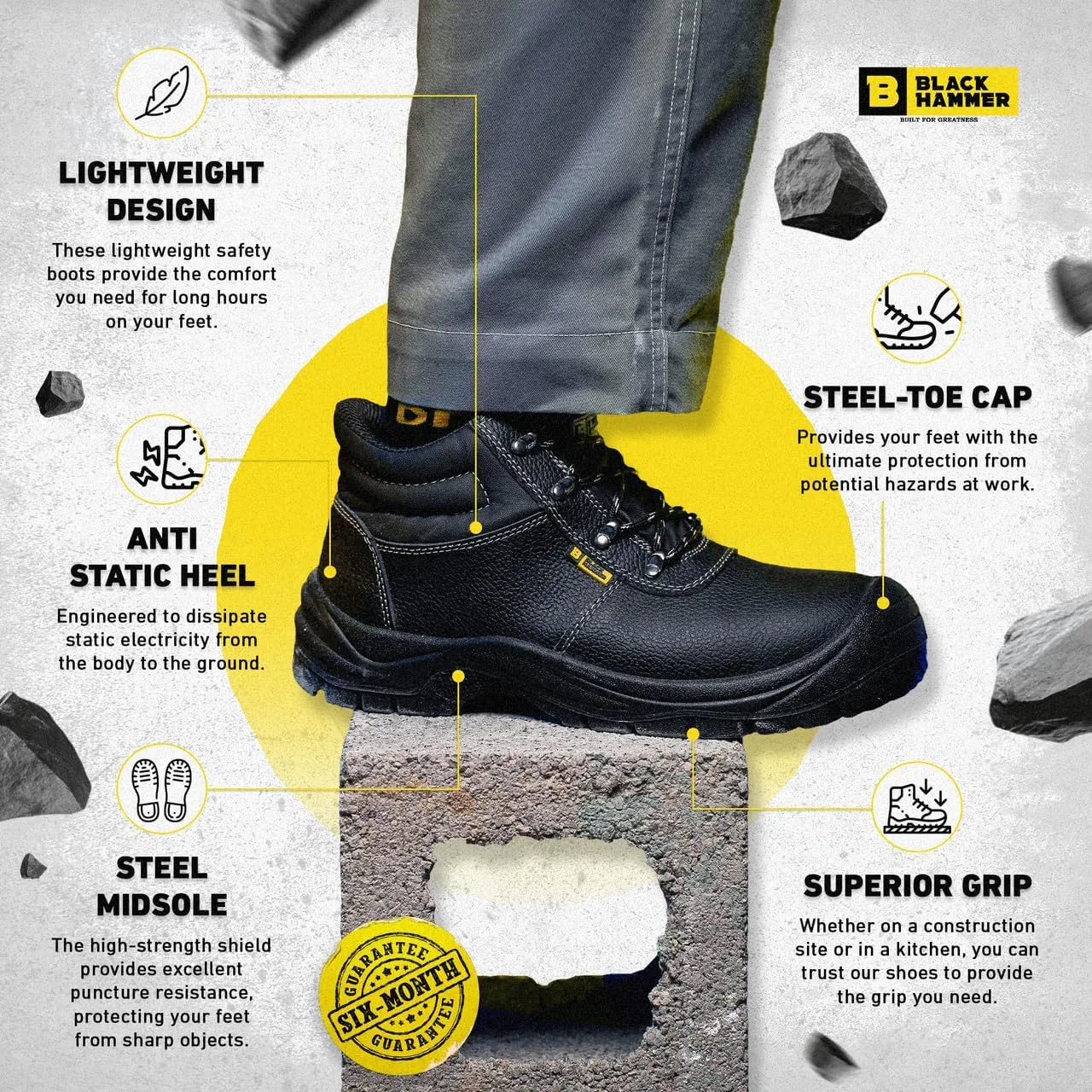 Black Hammer Mens Safety Boots Work Shoes Leather Steel Toe Cap Lightweight Footwear S3 SRC 1400 Black