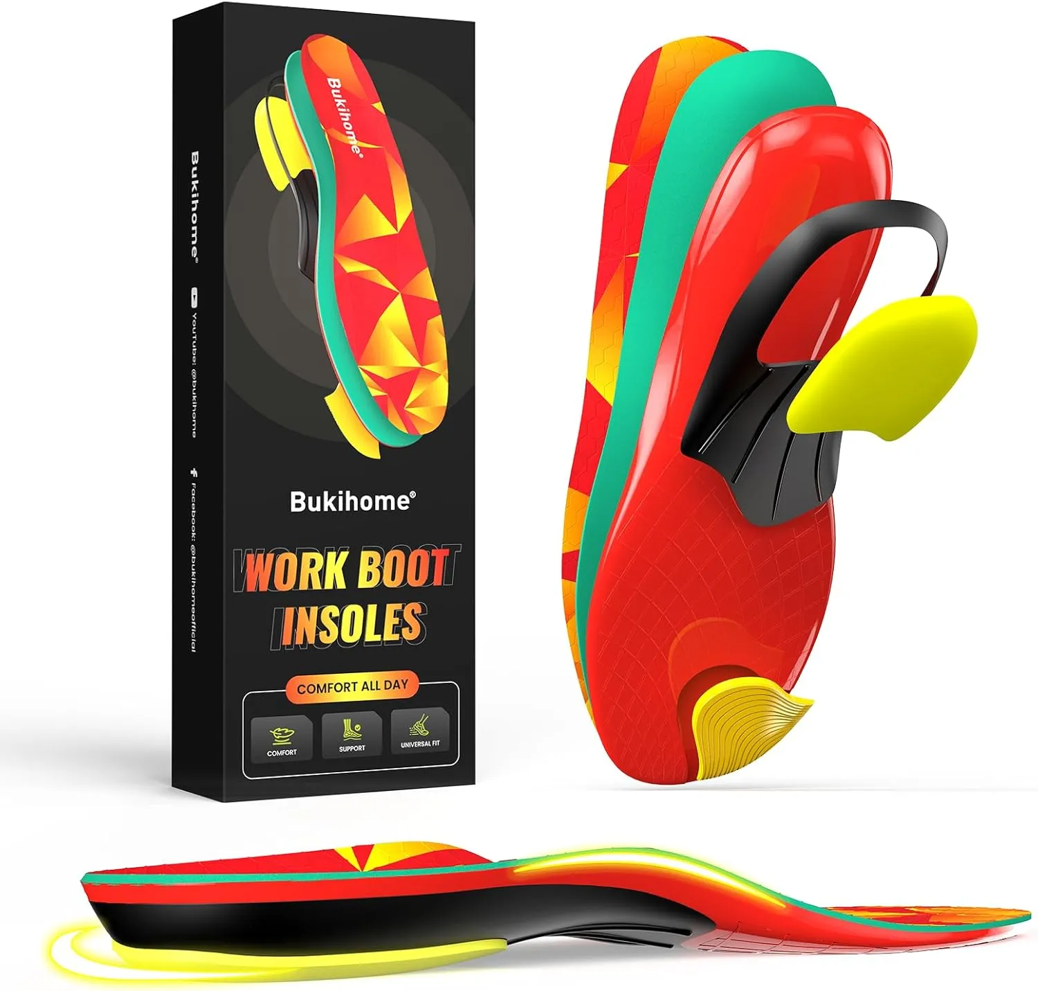 Bukihome Orthotic Insoles for Plantar Fasciitis Relief - Heavy Duty Work Insoles with Anti-Fatigue Arch Support, Shock Absorption & Heel Cushion - Men Women Shoe Inserts -XL