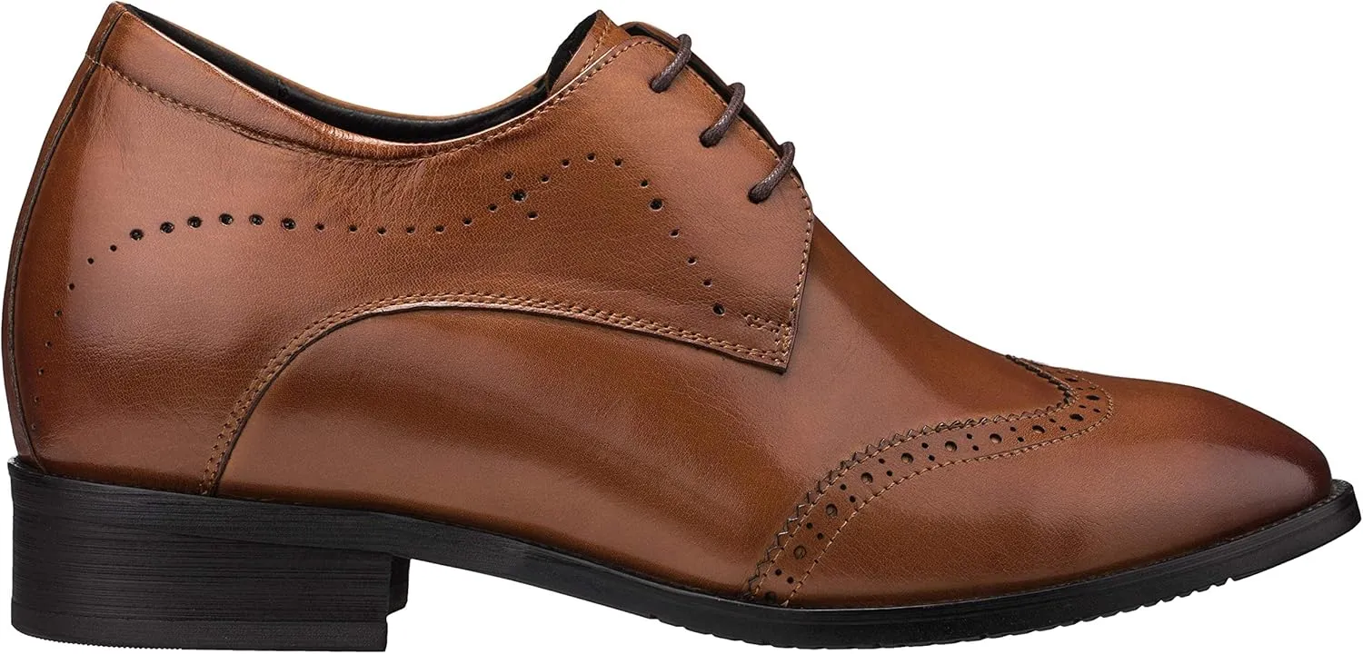 CALTO - G1089-3 Inches Taller - Height Increasing Elevator Shoes (Waxed Brown Leather Lace-up Wing-tip) (7.5 D(M) US)