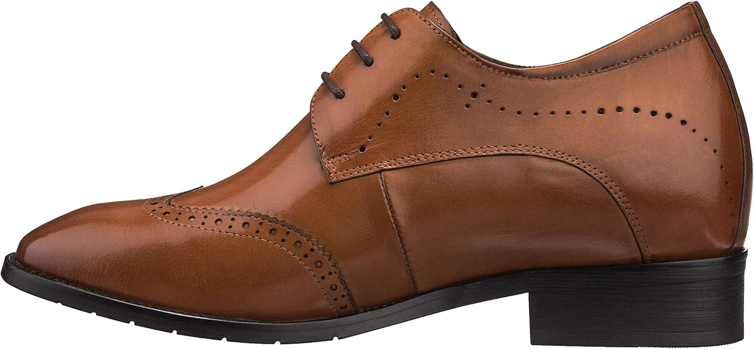 CALTO - G1089-3 Inches Taller - Height Increasing Elevator Shoes (Waxed Brown Leather Lace-up Wing-tip) (7.5 D(M) US)