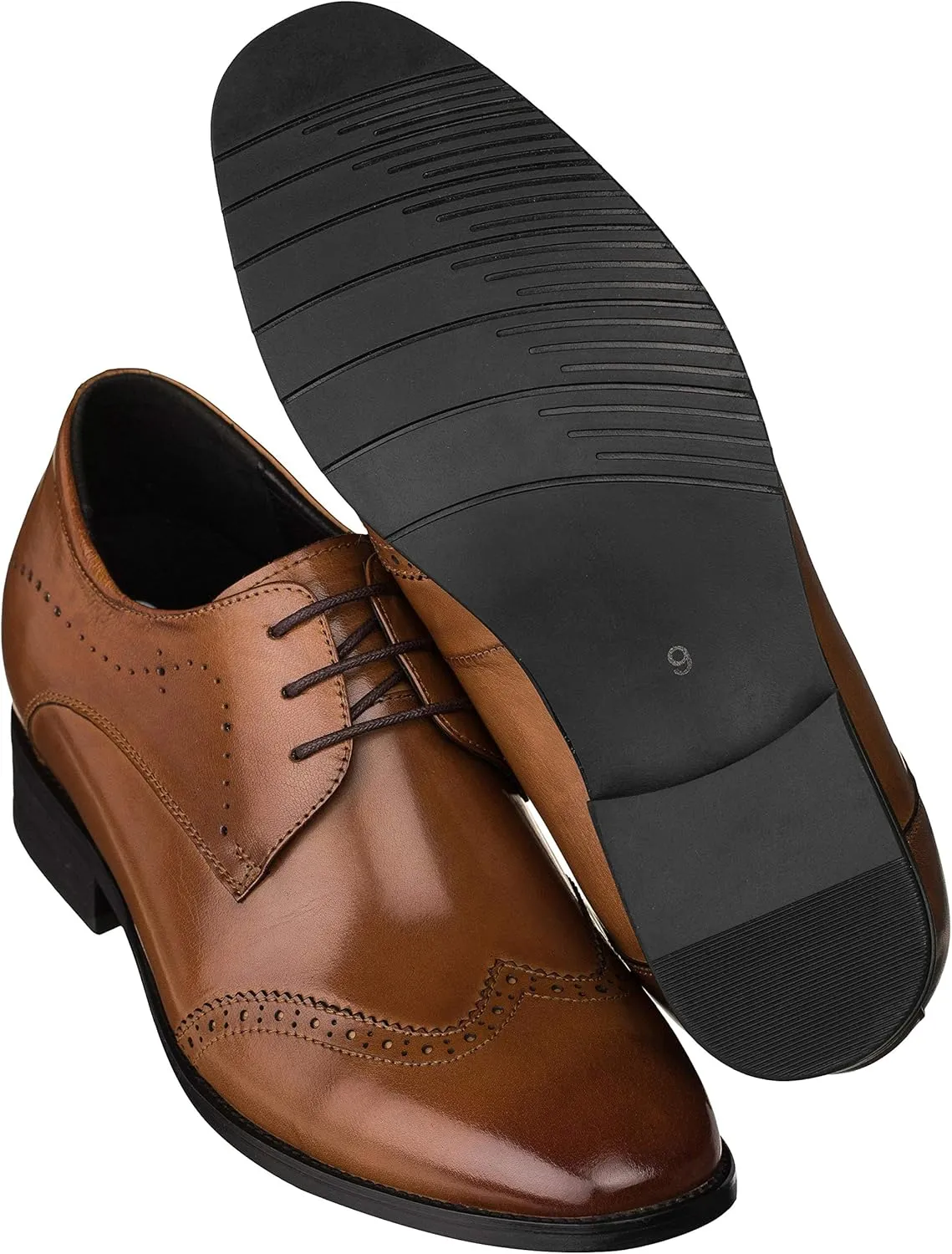 CALTO - G1089-3 Inches Taller - Height Increasing Elevator Shoes (Waxed Brown Leather Lace-up Wing-tip) (7.5 D(M) US)