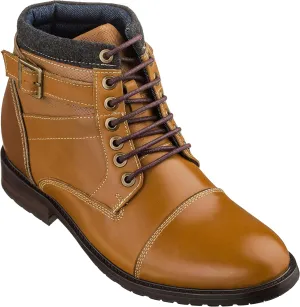 CALTO Men's Invisible Height Increasing Elevator Shoes - Brown Leather Lace-up Cap-Toe Ankle Boots - 3.2 Inches Taller - T5100 - Size 9 D(M) US