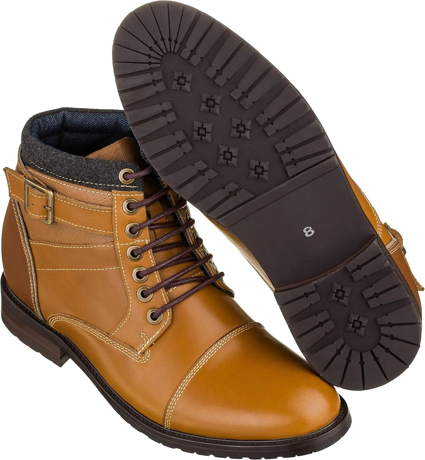 CALTO Men's Invisible Height Increasing Elevator Shoes - Brown Leather Lace-up Cap-Toe Ankle Boots - 3.2 Inches Taller - T5100 - Size 9 D(M) US