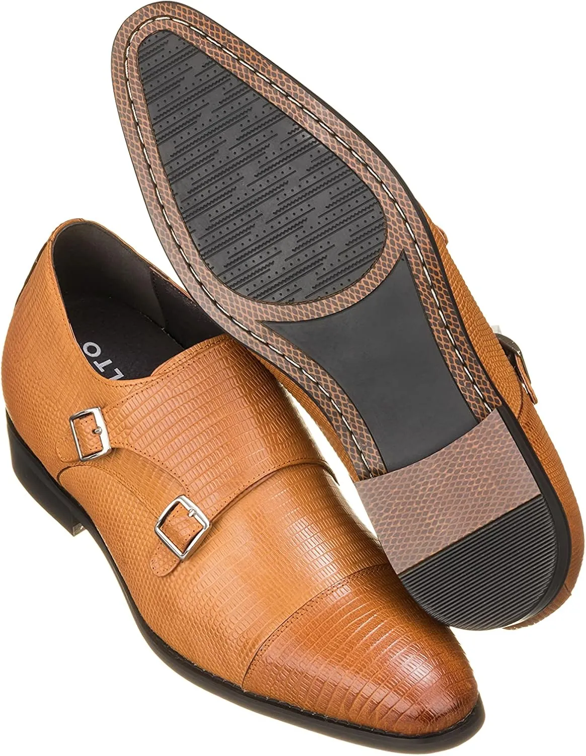 CALTO Men's Invisible Height Increasing Elevator Shoes - Brown Leather Slip-on Dual Monk Straps Formal Loafers- 2.8 Inches Taller - K3115 - Size 7.5 D(M) US