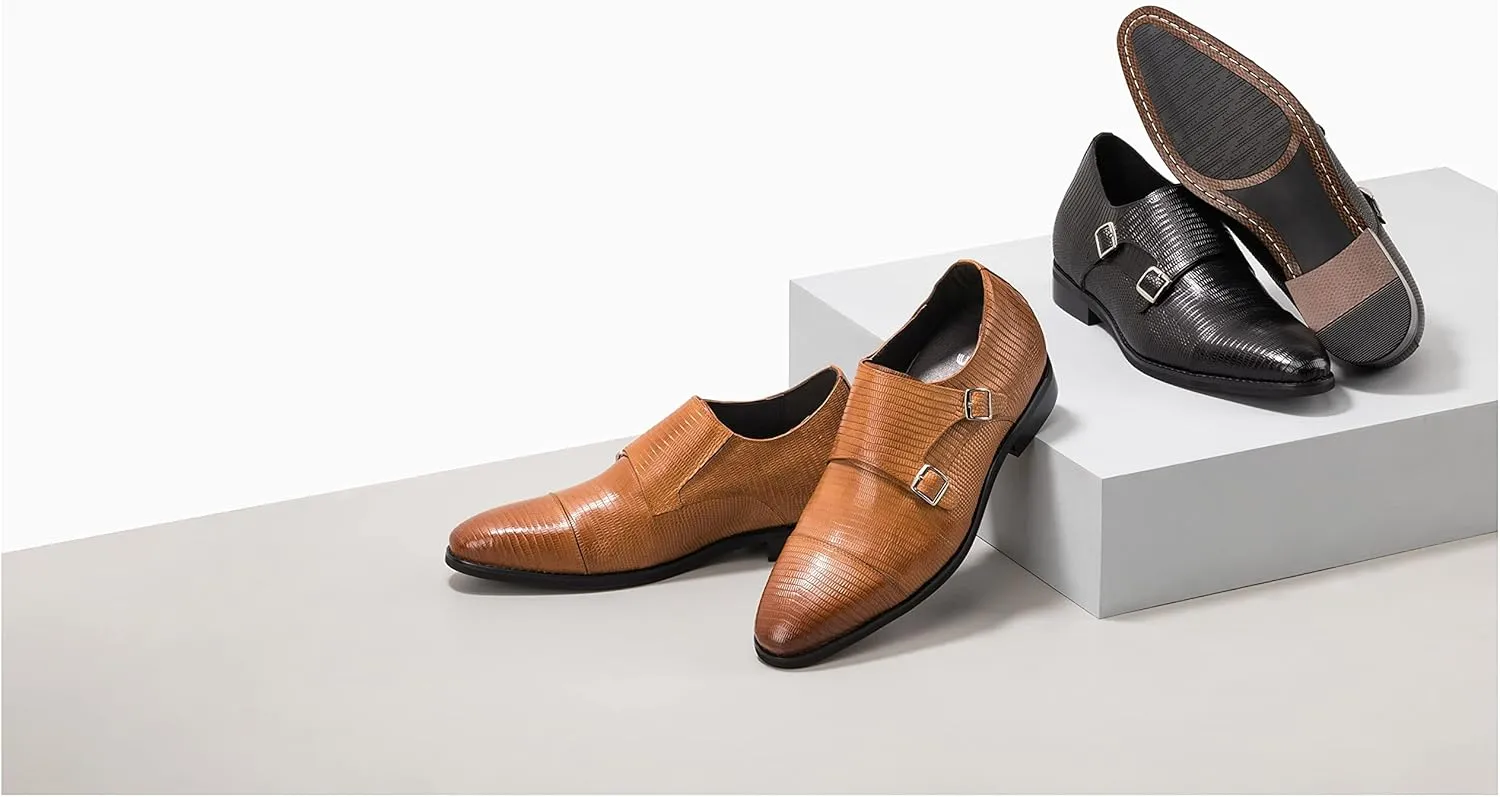 CALTO Men's Invisible Height Increasing Elevator Shoes - Brown Leather Slip-on Dual Monk Straps Formal Loafers- 2.8 Inches Taller - K3115 - Size 7.5 D(M) US