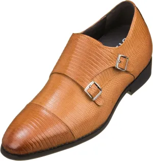 CALTO Men's Invisible Height Increasing Elevator Shoes - Brown Leather Slip-on Dual Monk Straps Formal Loafers- 2.8 Inches Taller - K3115 - Size 7.5 D(M) US