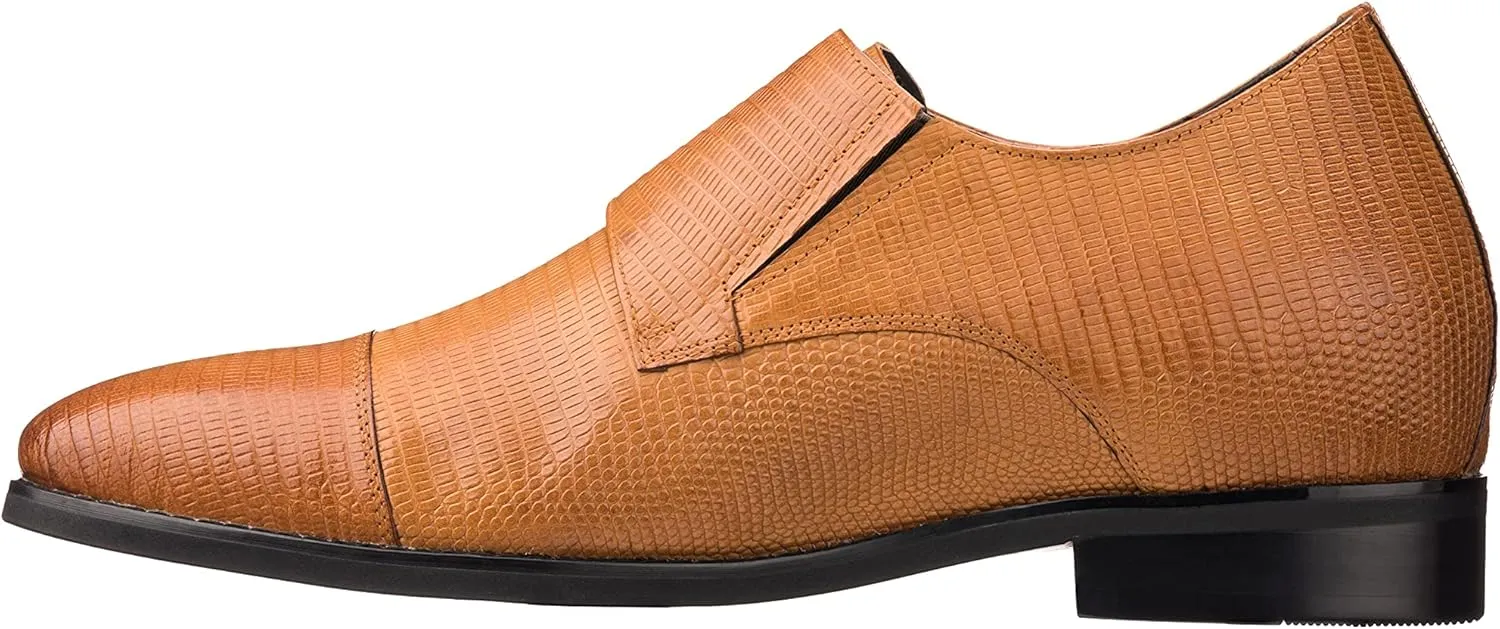 CALTO Men's Invisible Height Increasing Elevator Shoes - Brown Leather Slip-on Dual Monk Straps Formal Loafers- 2.8 Inches Taller - K3115 - Size 7.5 D(M) US
