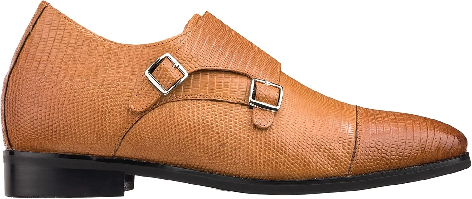 CALTO Men's Invisible Height Increasing Elevator Shoes - Brown Leather Slip-on Dual Monk Straps Formal Loafers- 2.8 Inches Taller - K3115 - Size 7.5 D(M) US