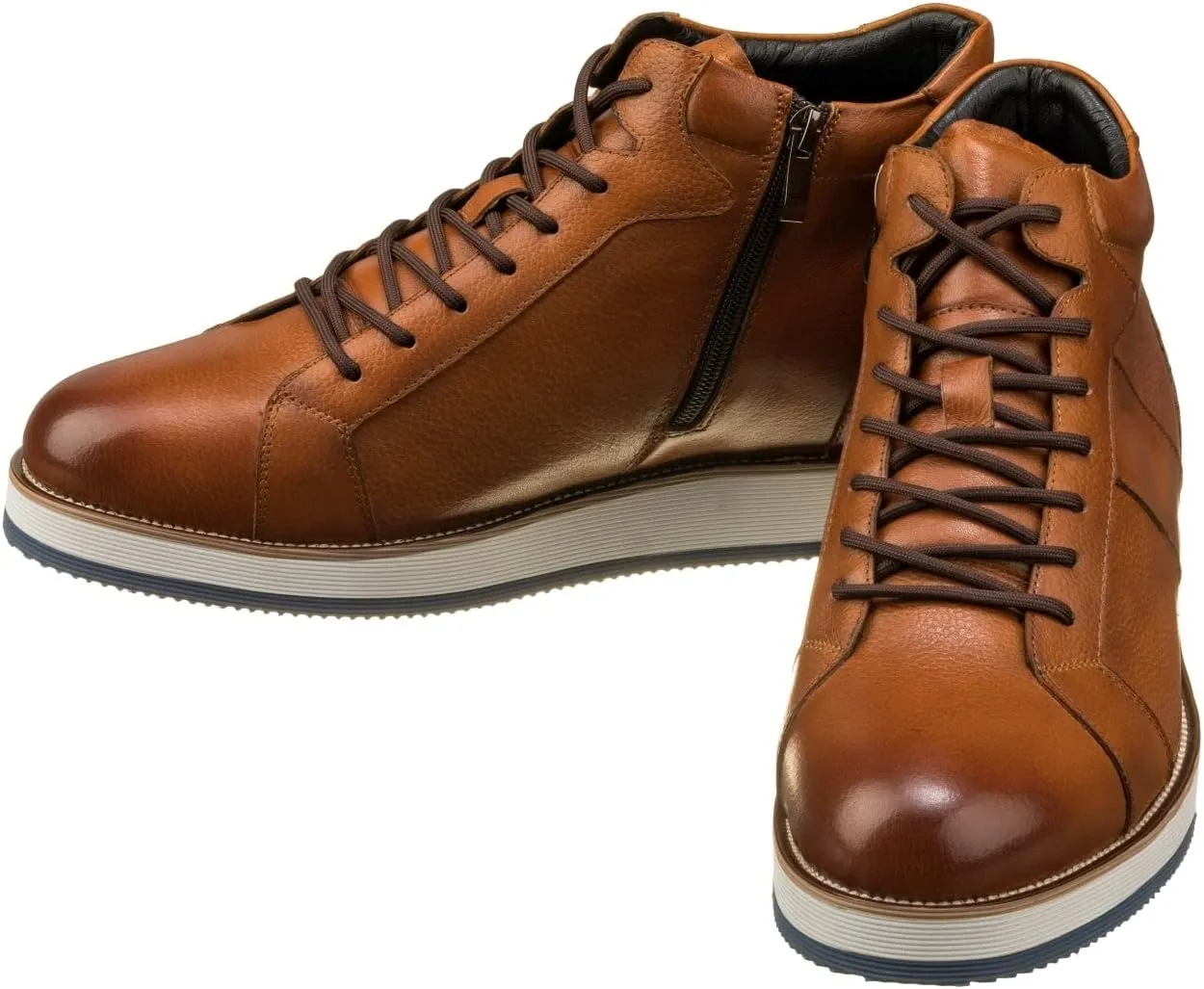CALTO Men's Invisible Height Increasing Elevator Shoes - Tan Brown Leather Combat Zipper Boots - 3 Inches Taller - Y6022 - Size 8 D(M) US