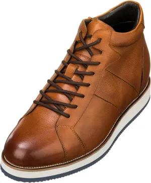 CALTO Men's Invisible Height Increasing Elevator Shoes - Tan Brown Leather Combat Zipper Boots - 3 Inches Taller - Y6022 - Size 8 D(M) US