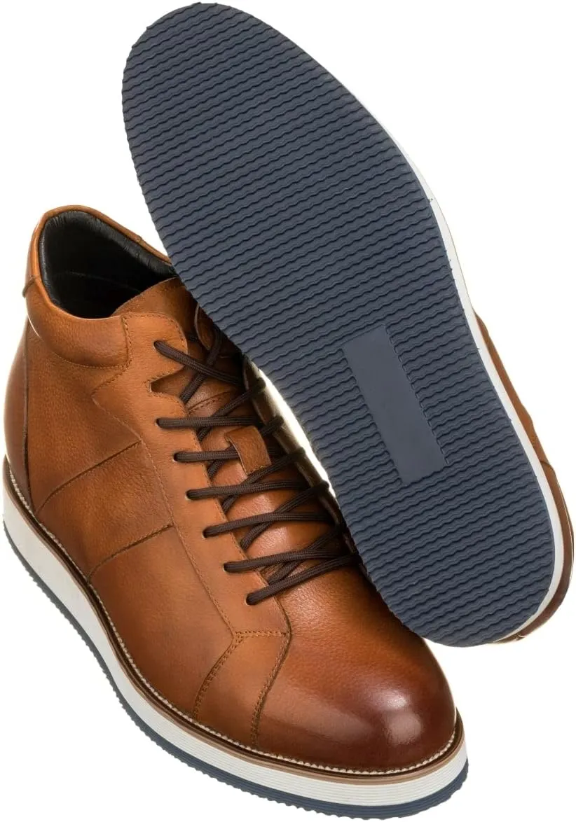 CALTO Men's Invisible Height Increasing Elevator Shoes - Tan Brown Leather Combat Zipper Boots - 3 Inches Taller - Y6022 - Size 8 D(M) US