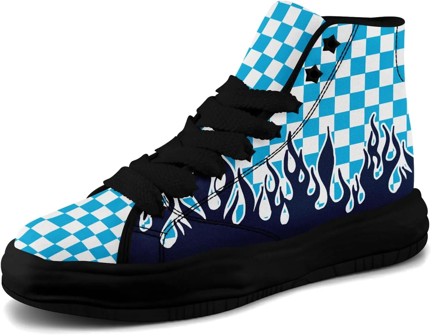 Checkered Flame High-Top Platform Sneakers, Custom Chunky Elevated Canvas Trainers for Streetwear Race Casual Footwear