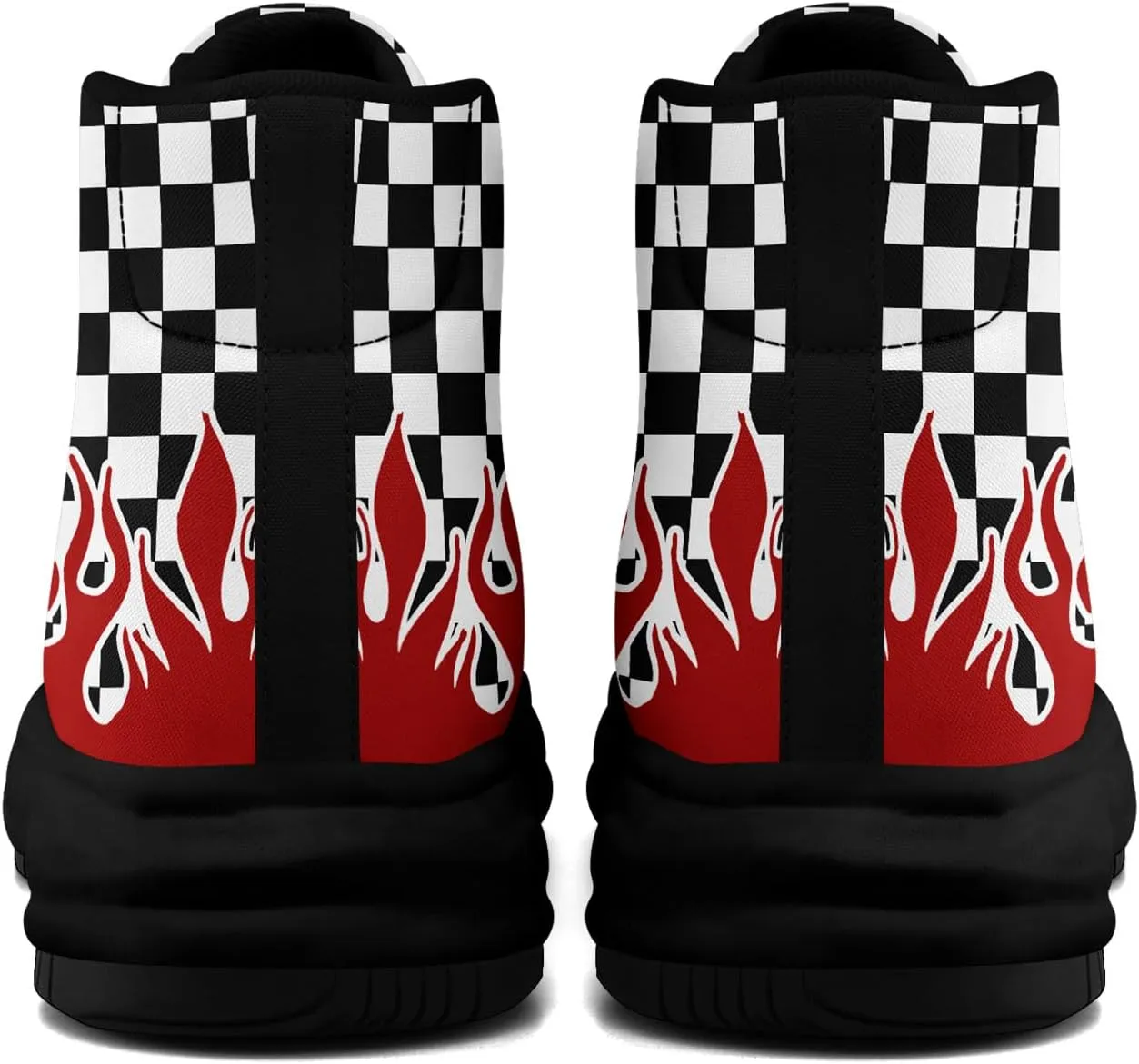 Checkered Flame High-Top Platform Sneakers, Custom Chunky Elevated Canvas Trainers for Streetwear Race Casual Footwear
