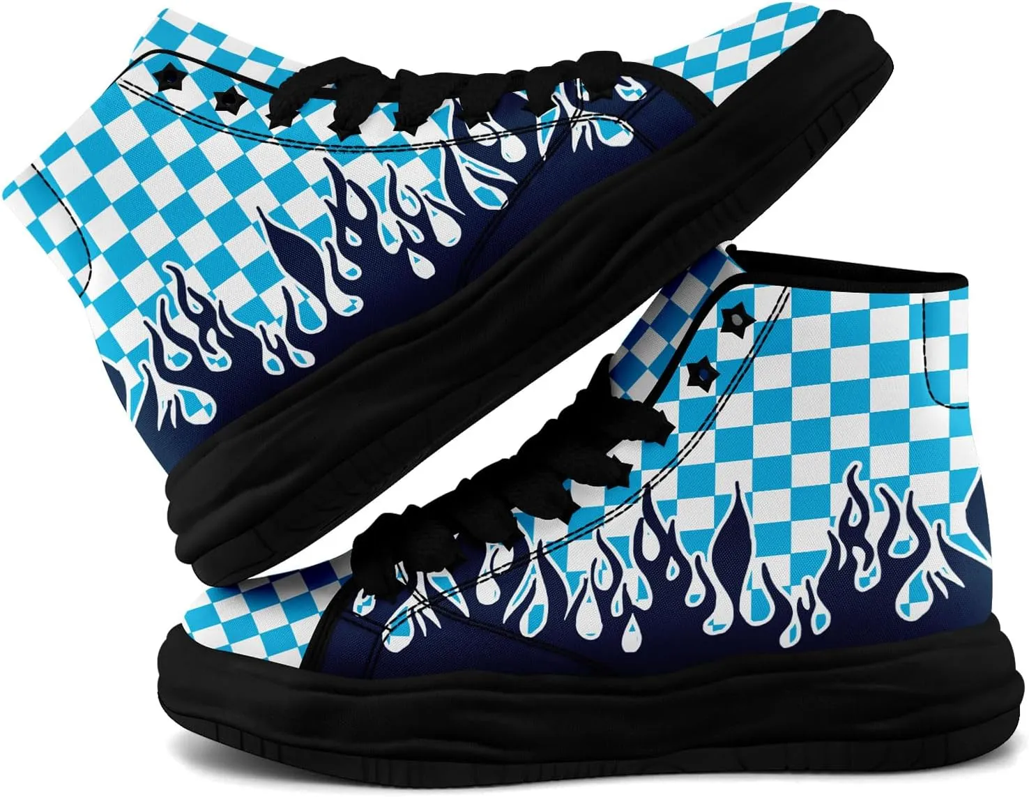 Checkered Flame High-Top Platform Sneakers, Custom Chunky Elevated Canvas Trainers for Streetwear Race Casual Footwear