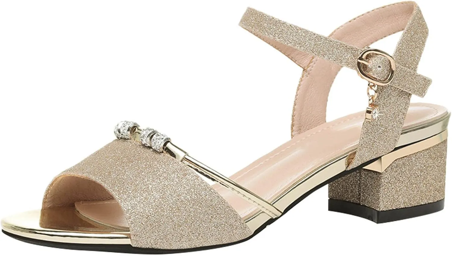 Chunky Heel Sandals for Women Open Toe Ankle Strap Low Block Slingback Slip On Sparkle Sandals Party Dress Pumps Shoes