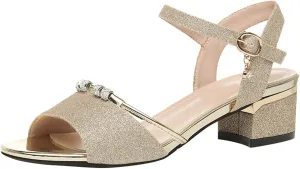 Chunky Heel Sandals for Women Open Toe Ankle Strap Low Block Slingback Slip On Sparkle Sandals Party Dress Pumps Shoes