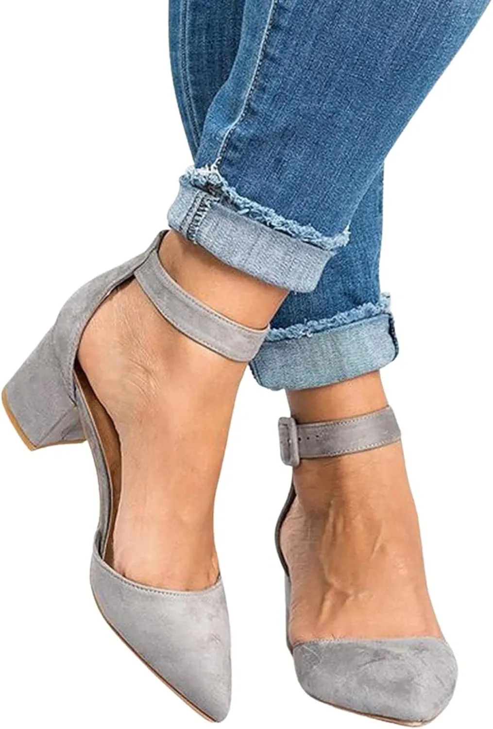 Closed Toe Heels for Women Suede Pumps Shoes Chunky Block Heels Pointed Toe Dress Shoes with Ankle Strap