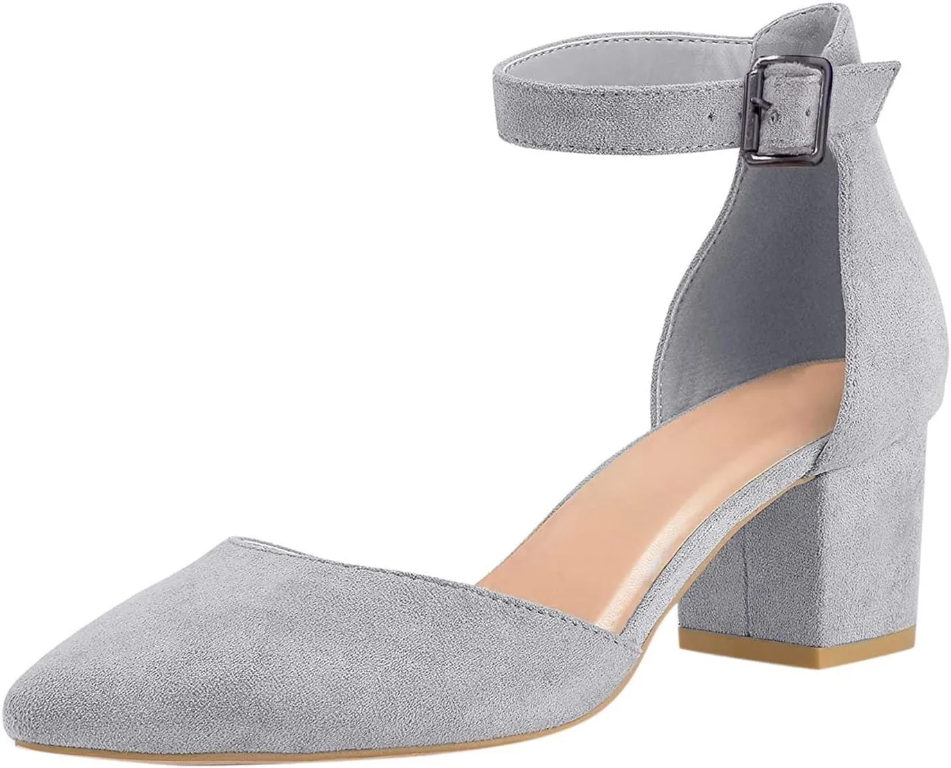 Closed Toe Heels for Women Suede Pumps Shoes Chunky Block Heels Pointed Toe Dress Shoes with Ankle Strap