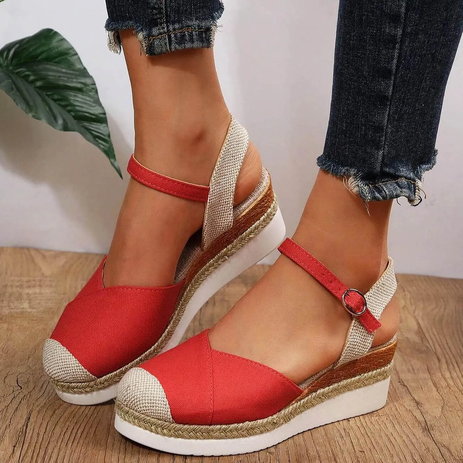Closed Toe Platform Wedge Sandals for Women 2025 Summer Vacation Dressy Comfortable Anti Slip Beach Shoes with Adjustable Buckle Ankle Strap
