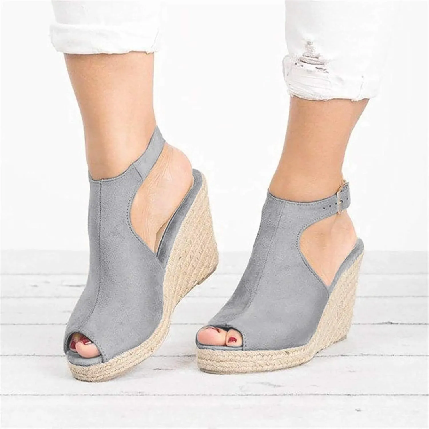 Closed Toe Sandals Women Pointed Toe Closed Toe Suede Wedge Heels Thick Sole Adjustable Buckle Wedge Platform Sandals Slides