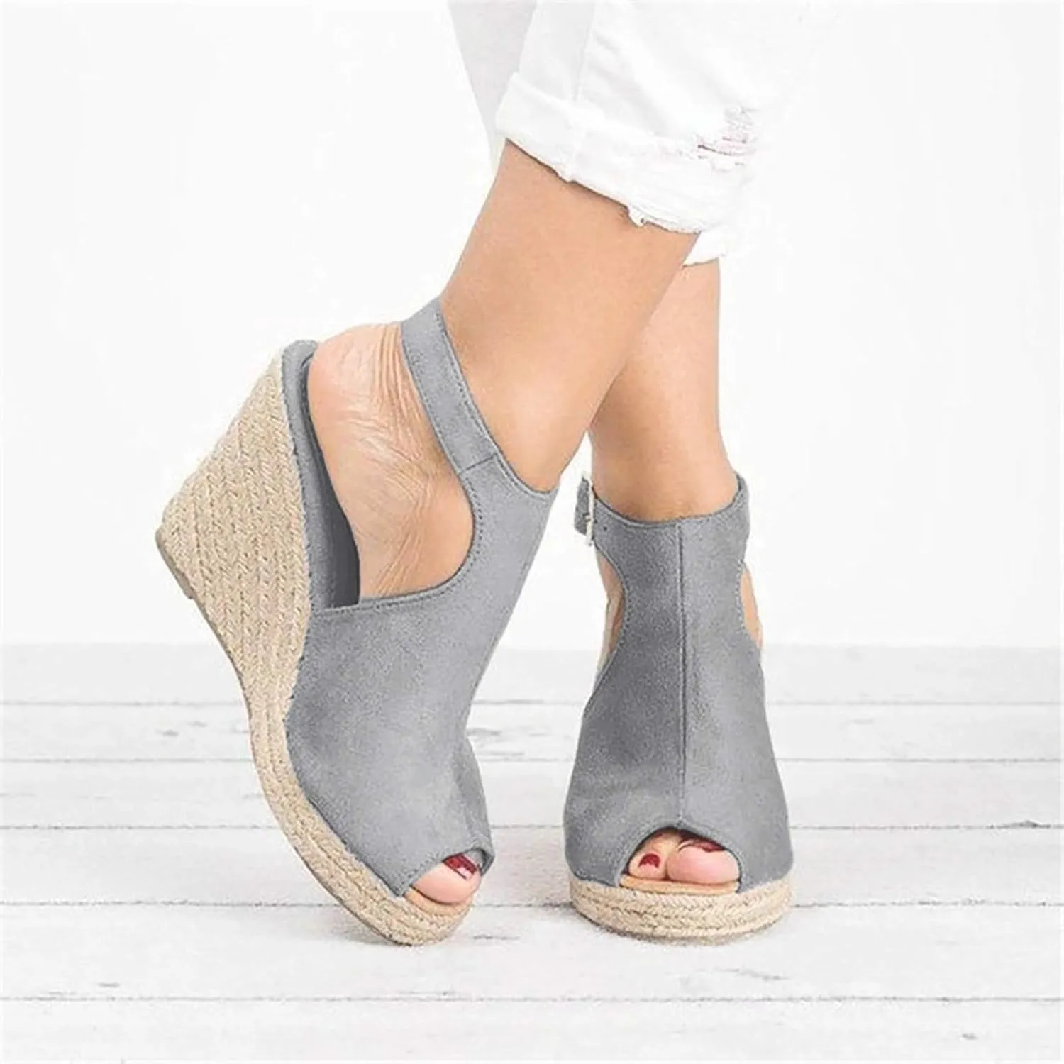 Closed Toe Sandals Women Pointed Toe Closed Toe Suede Wedge Heels Thick Sole Adjustable Buckle Wedge Platform Sandals Slides
