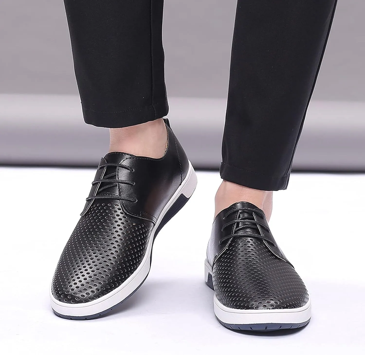 Comfortable Black Business Casual Shoes for Men Style Men's Summer Leather Solid Summer Shoes Breathable Business Leisure Hollow Men's leather shoes Black Dress Shoes Slip Ons for Men