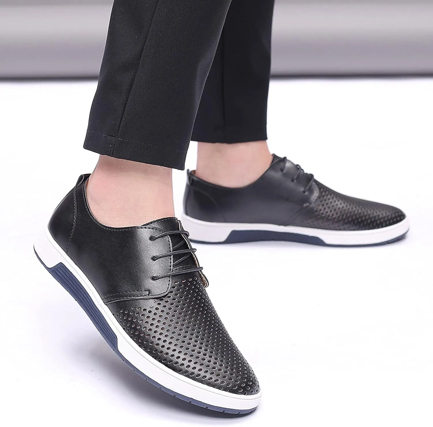 Comfortable Black Business Casual Shoes for Men Style Men's Summer Leather Solid Summer Shoes Breathable Business Leisure Hollow Men's leather shoes Black Dress Shoes Slip Ons for Men