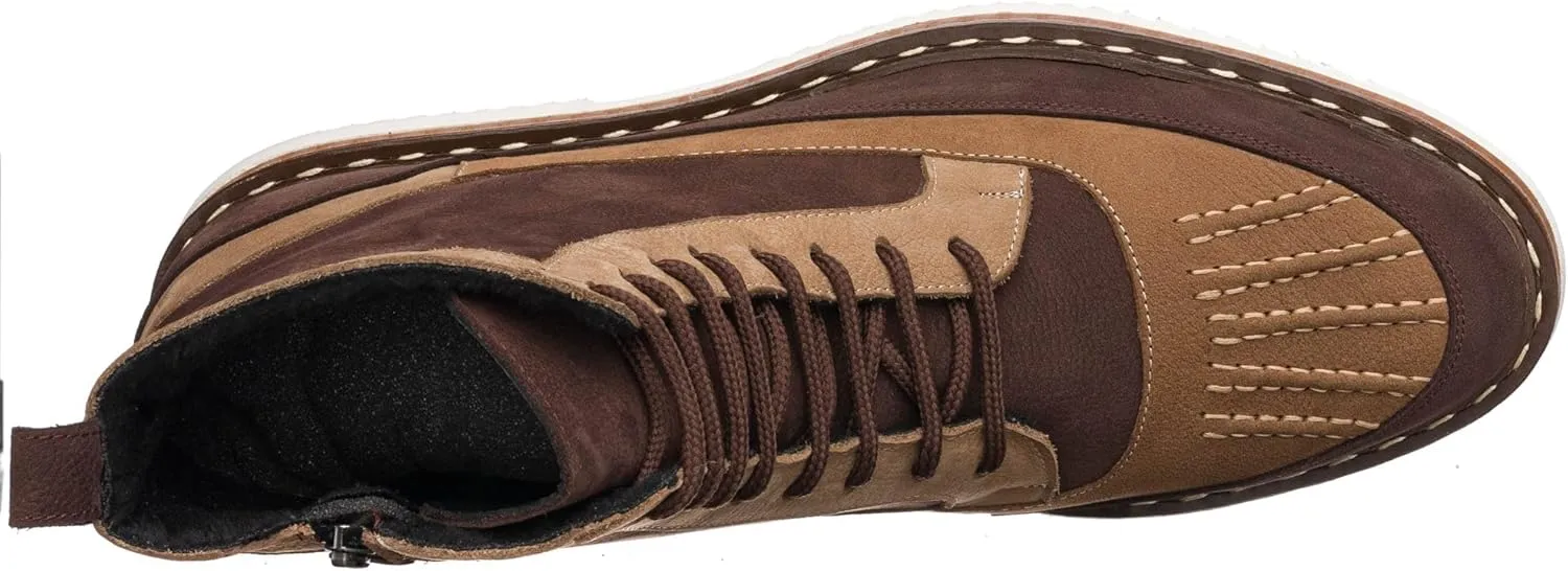 DALGALA Men's Sand Brown Leather and Nubuck Handmade Casual Lace-Up Ankle Boots with Zipper Closure