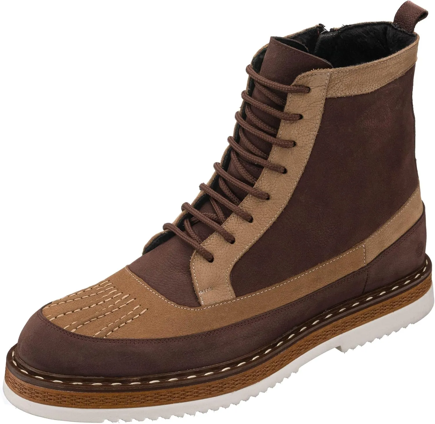 DALGALA Men's Sand Brown Leather and Nubuck Handmade Casual Lace-Up Ankle Boots with Zipper Closure
