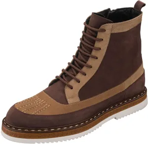 DALGALA Men's Sand Brown Leather and Nubuck Handmade Casual Lace-Up Ankle Boots with Zipper Closure