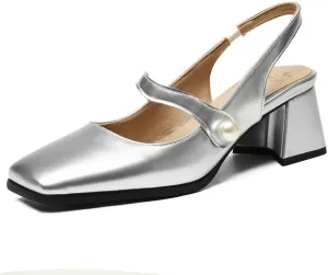 DINTAHA Womens Square Toe Slingback Heels Patent Leather Chunky Mary Jane Heels