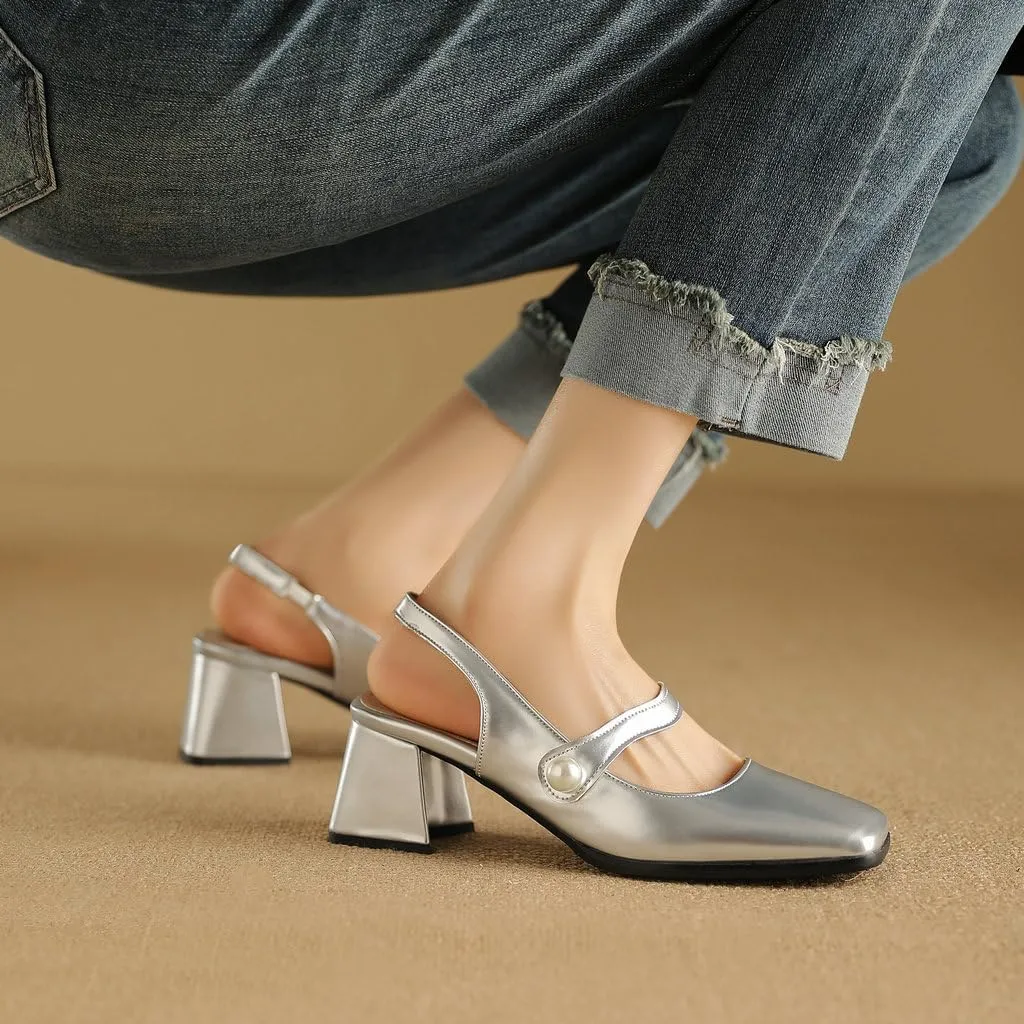 DINTAHA Womens Square Toe Slingback Heels Patent Leather Chunky Mary Jane Heels