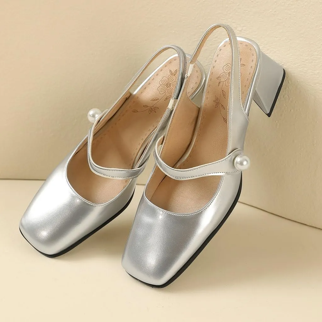 DINTAHA Womens Square Toe Slingback Heels Patent Leather Chunky Mary Jane Heels