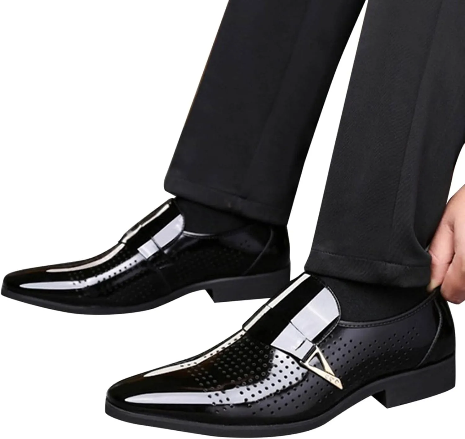 Dress Shoes for Men Wide Toe Box Classic Style Men Leather Shoes Metal Buckle Shoes Diamond Cutout Breathable Business Casual Pointed Toe Leather Shoes Business Casual Shoes Men Laceless
