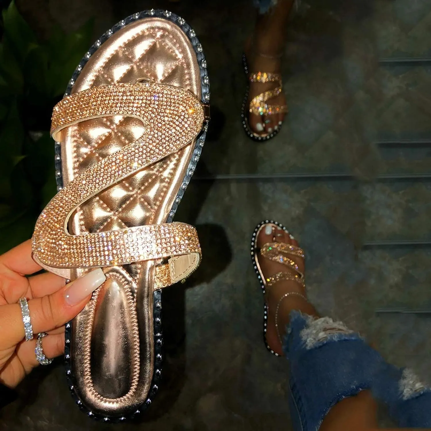 Dressy Sandals for Women Flat Flip Flops Slide Falt Peep toe Gladiator Rhinestone Women's Flat Sandals