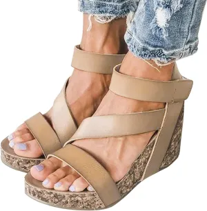 Eduavar Sandals for Women Dressy, Sandals Women Dressy Summer Leather Wedge Platform Sandals Open Toe Sandals Shoes