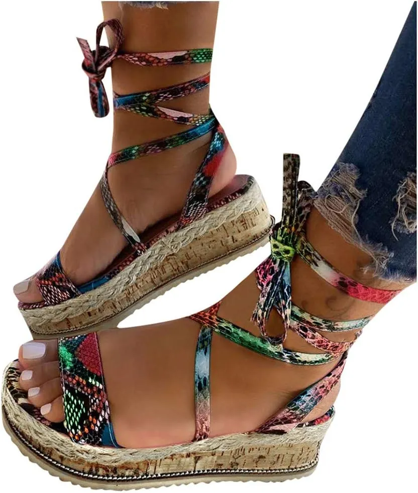 Flat Sandals for Women Platform Open toe Snakeskin Print Strap Plus Size Strap Up Falt Cute Flat Sandals for Women