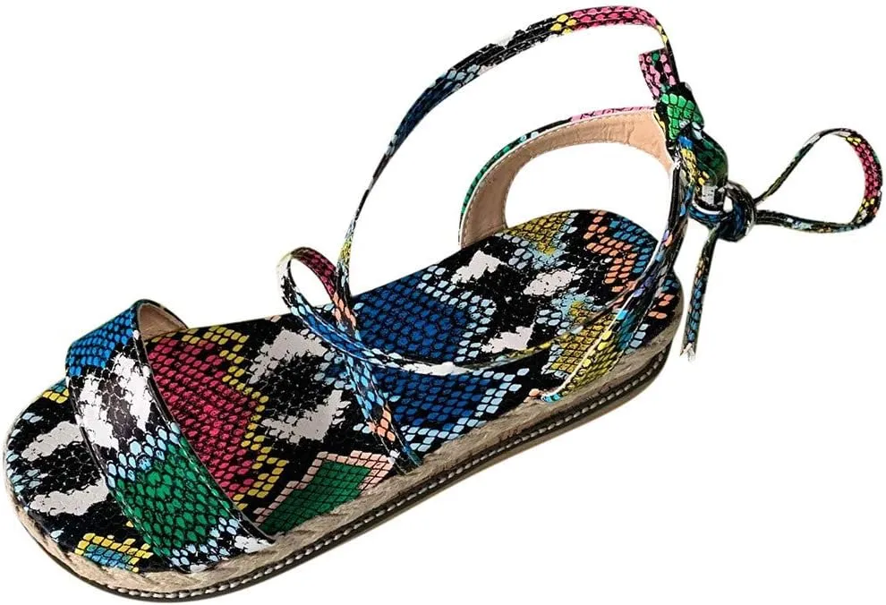 Flat Sandals for Women Platform Open toe Snakeskin Print Strap Plus Size Strap Up Falt Cute Flat Sandals for Women