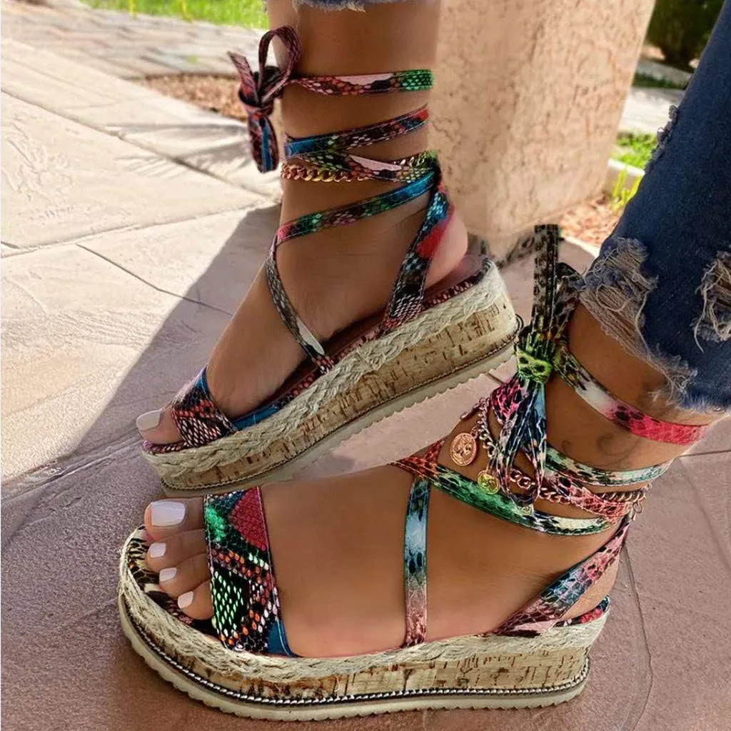 Flat Sandals for Women Platform Open toe Snakeskin Print Strap Plus Size Strap Up Falt Cute Flat Sandals for Women