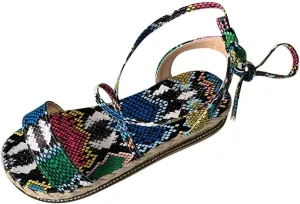 Flat Sandals for Women Platform Open toe Snakeskin Print Strap Plus Size Strap Up Falt Cute Flat Sandals for Women