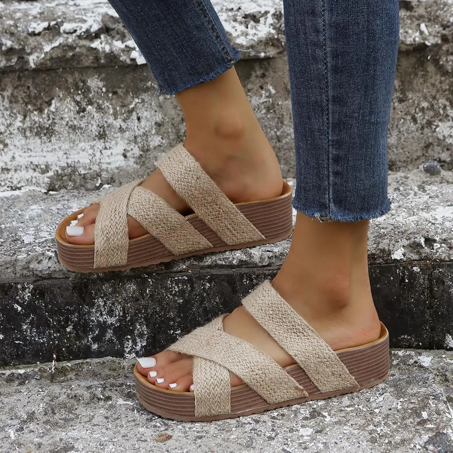 Flat Sandals for Women Summer Dressy Slip on Platform Sandals Cross-Strap Open Toe Wide Width Slippers Walking Beach Shoes