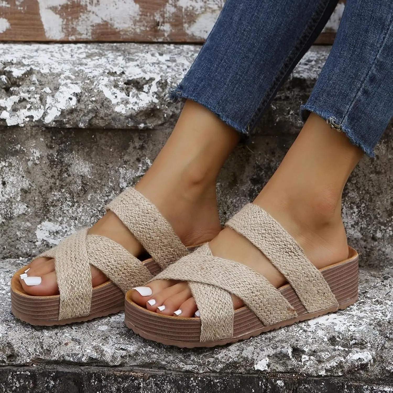Flat Sandals for Women Summer Dressy Slip on Platform Sandals Cross-Strap Open Toe Wide Width Slippers Walking Beach Shoes