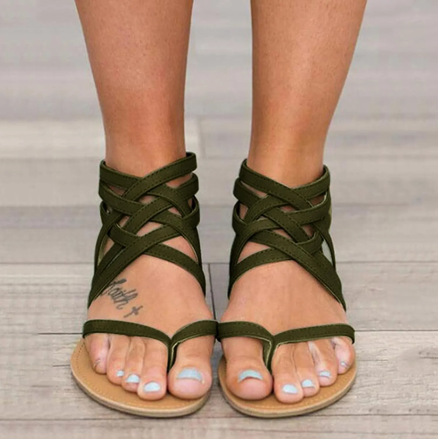 Flat Sandals for Women Zipper Back Ankle Strap Beach Open Toe Breathable Sandals Flip Flops Summer Shoes (Army Green, 8.5)