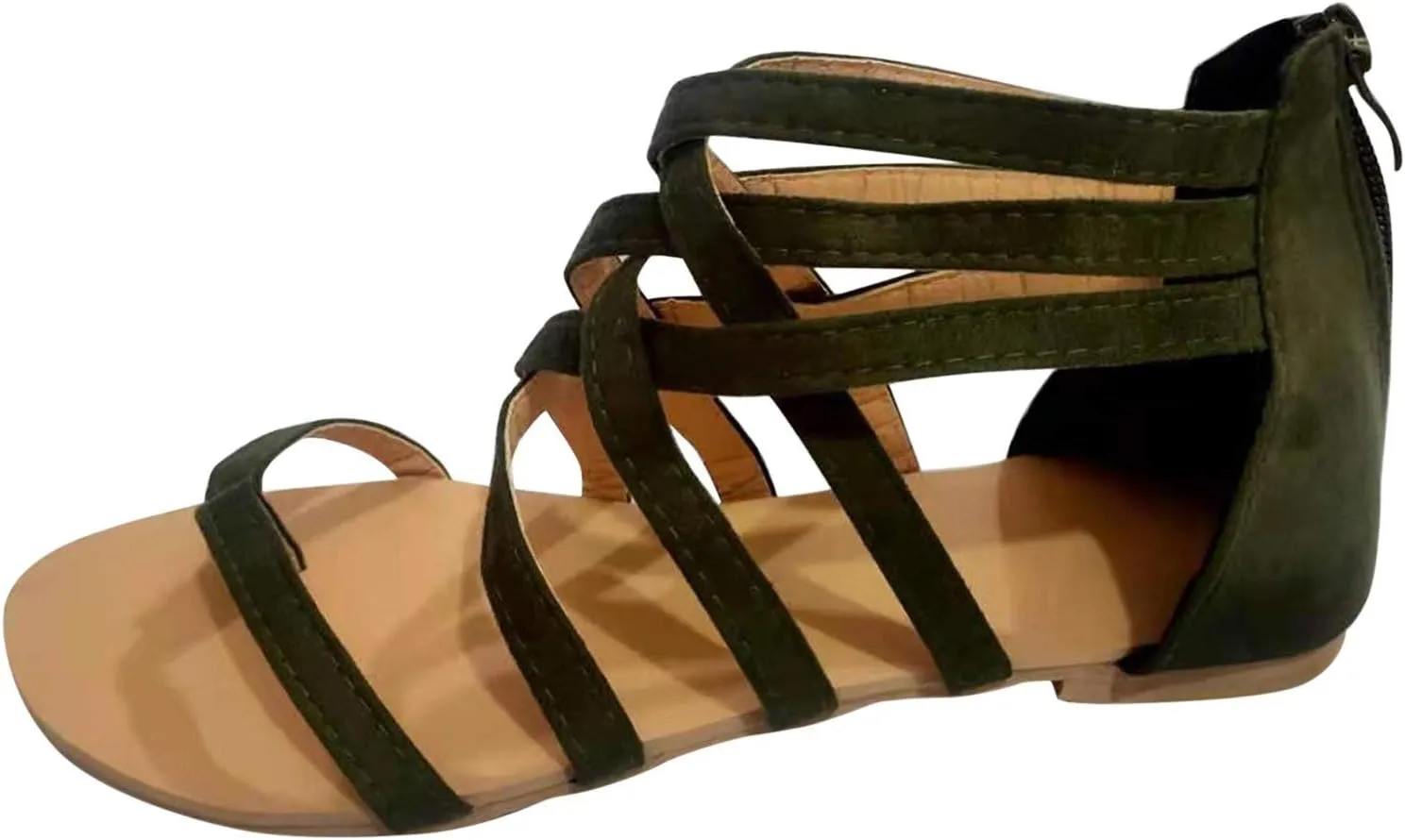 Flat Sandals for Women Zipper Back Ankle Strap Beach Open Toe Breathable Sandals Flip Flops Summer Shoes (Army Green, 8.5)