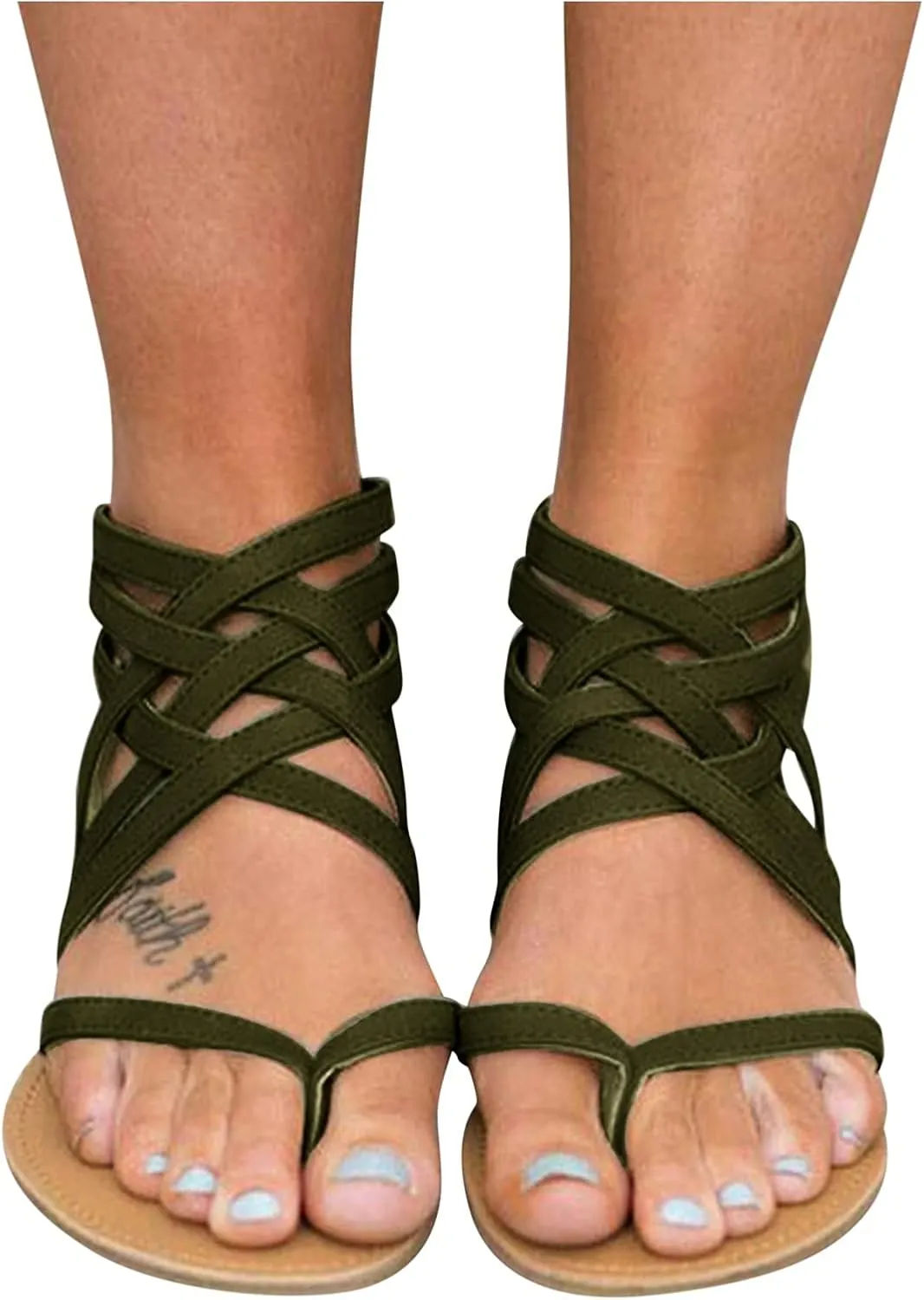 Flat Sandals for Women Zipper Back Ankle Strap Beach Open Toe Breathable Sandals Flip Flops Summer Shoes (Army Green, 8.5)