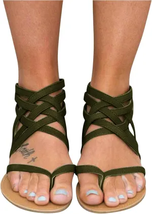 Flat Sandals for Women Zipper Back Ankle Strap Beach Open Toe Breathable Sandals Flip Flops Summer Shoes (Army Green, 8.5)