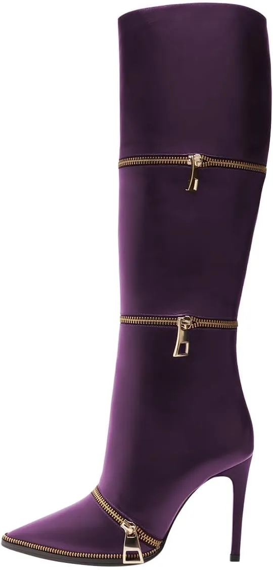FSJ Women Stylish Polished Zippers Knee High Boots Pointed Toe Side Zip Stiletto High Heel Long Boots Shopping Party Dress Shoes Size 4-16 US